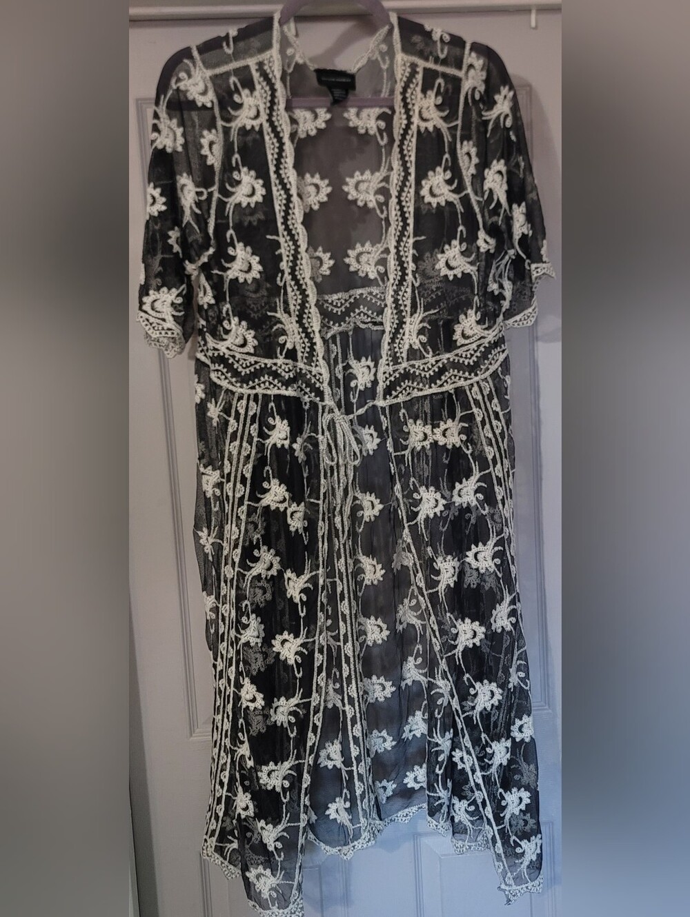 Liv Los Angeles Black Sheer Lace Overlay Open Front Cardigan - Size: L